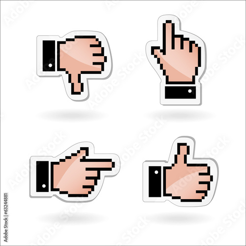 Pixel cursors icons: hand, arrow and heart. Vector illustration.