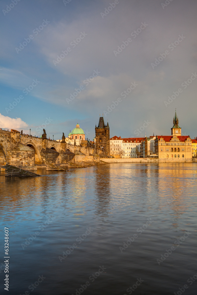 View from   Kampa on the famous Charles Bridge at spring sunset.