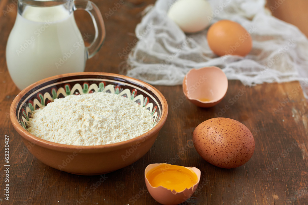 Baking ingredients: eggs, milk, flour Baking ingredients: eggs, milk, flour