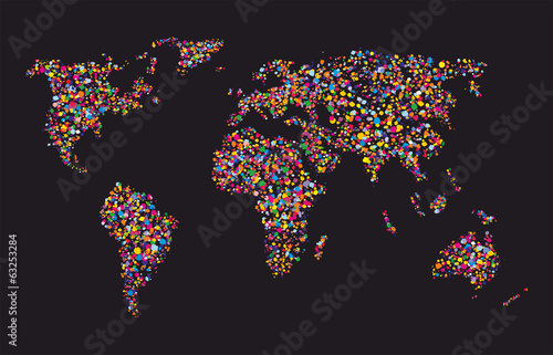 Grunge colourful collage of world map on black background