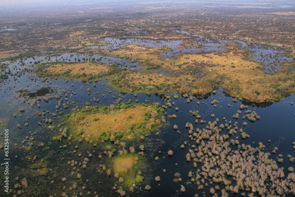 Okavango delta from the air at sunset