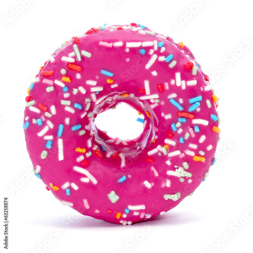 donut coated with a pink frosting and sprinkles of different col