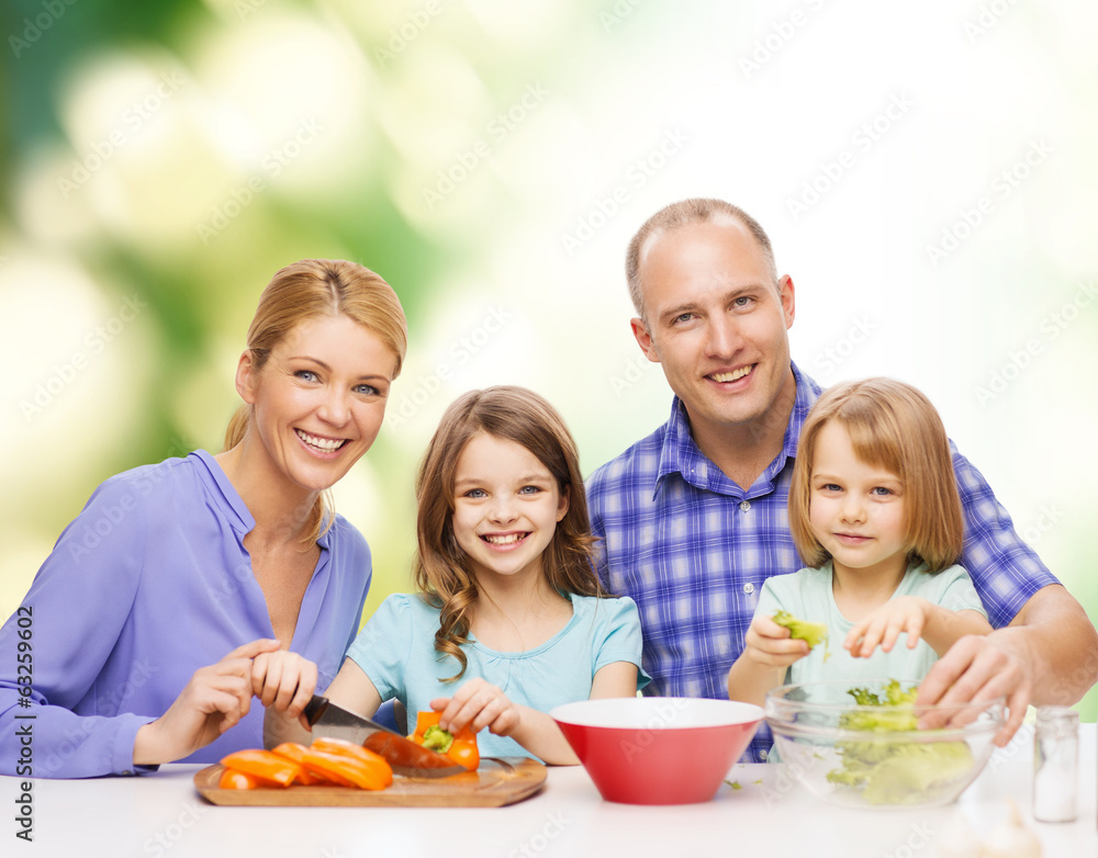 happy family with two kids making dinner at home happy family with two kids making dinner at home