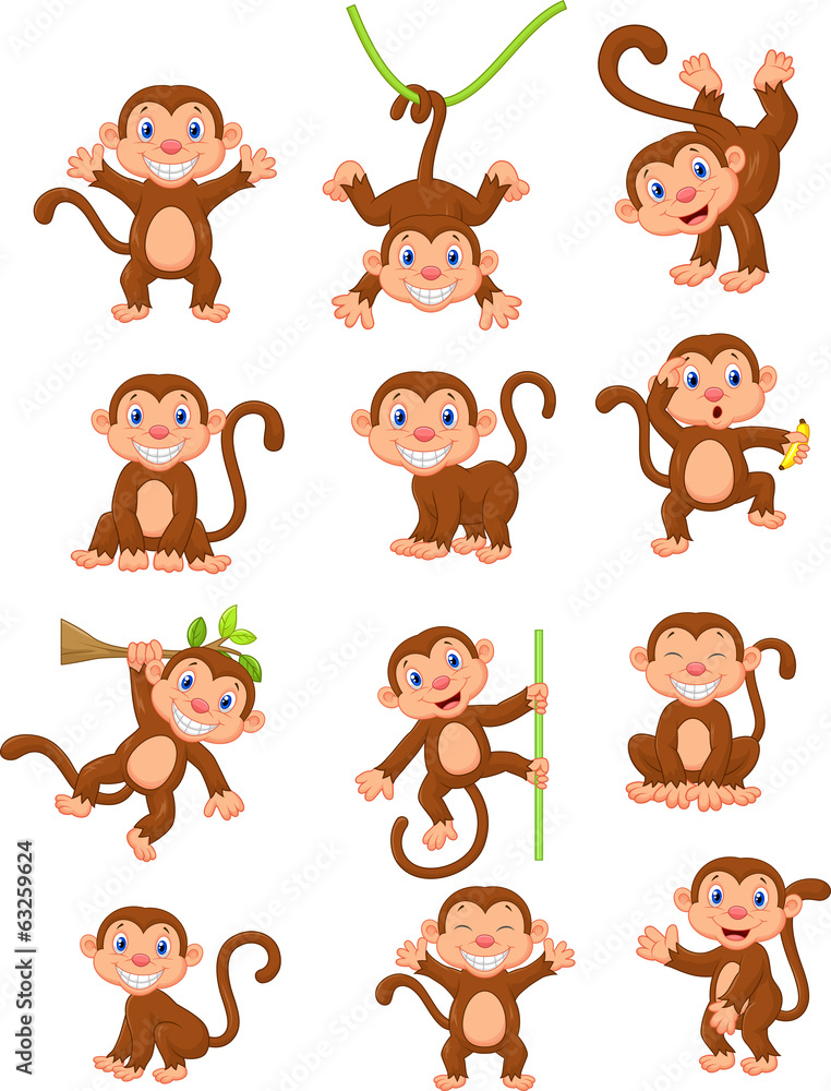 Fototapeta premium Zestaw kolekcja kreskówka szczęśliwy małpa