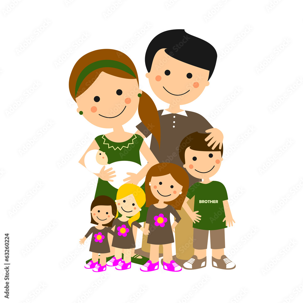 Familia numerosa feliz. Padres con cinco hijos. Ilustración vectorial Familia numerosa feliz. Padres con cinco hijos. Ilustración vectorial