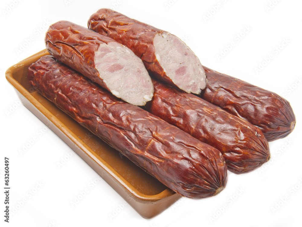 sausage on a plate on a white background sausage on a plate on a white background