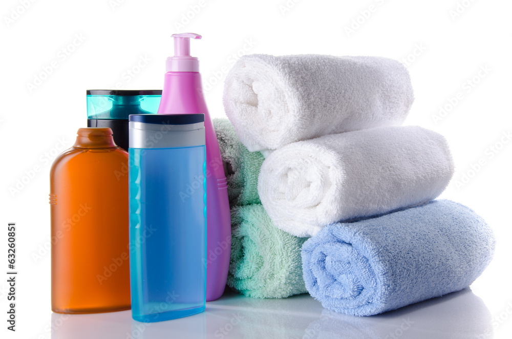 Some bottles of shower gel and shampoo Some bottles of shower gel and shampoo