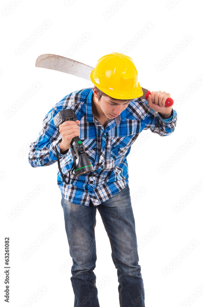man holding a machete and a helmet man holding a machete and a helmet