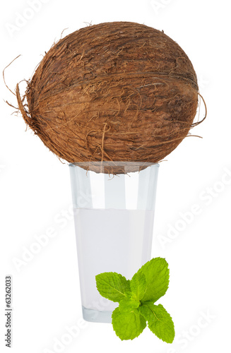 Coconut and coconut milk on white background