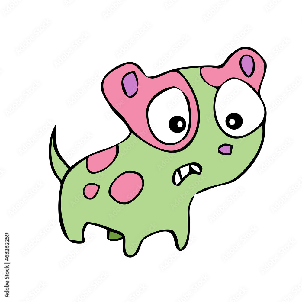 Worried cute little green dog with pink spots. Worried cute little green dog with pink spots.