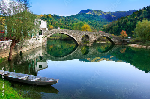 Arched bridge reflected in Crnojevica river, Montenegro photo