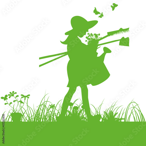 Mädchen,Garten,Schaufel,Harke,Giesskanne,Silhoutte