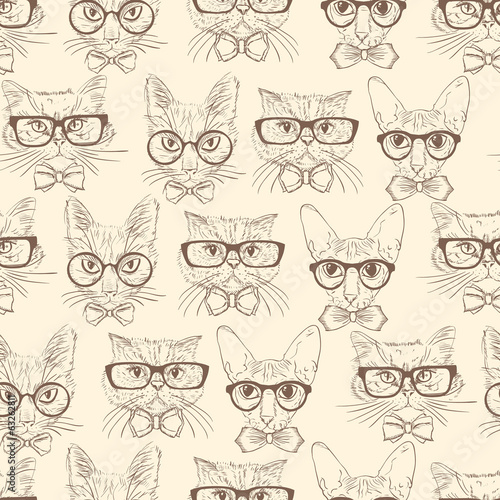 Cat hipsters seamless pattern