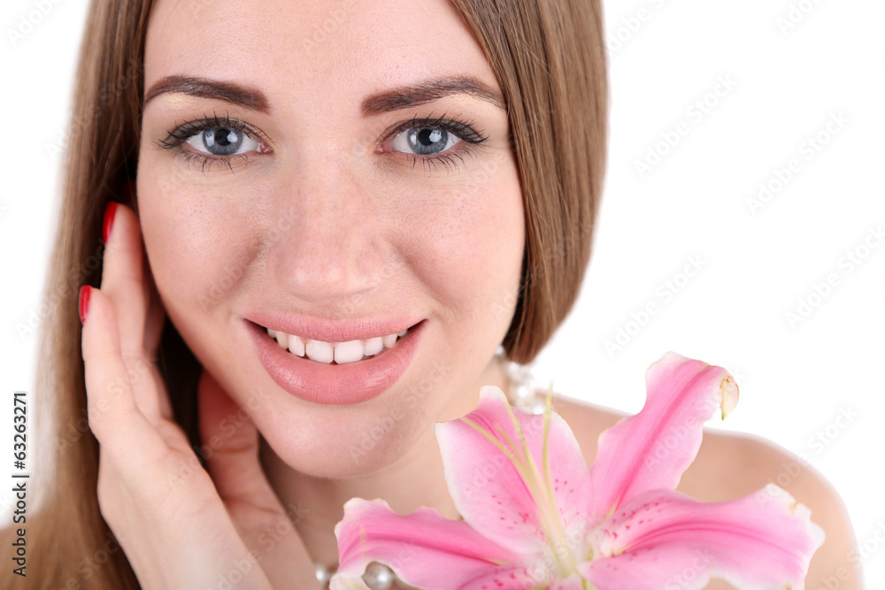 Portrait of pretty girl with flower isolated on white Portrait of pretty girl with flower isolated on white