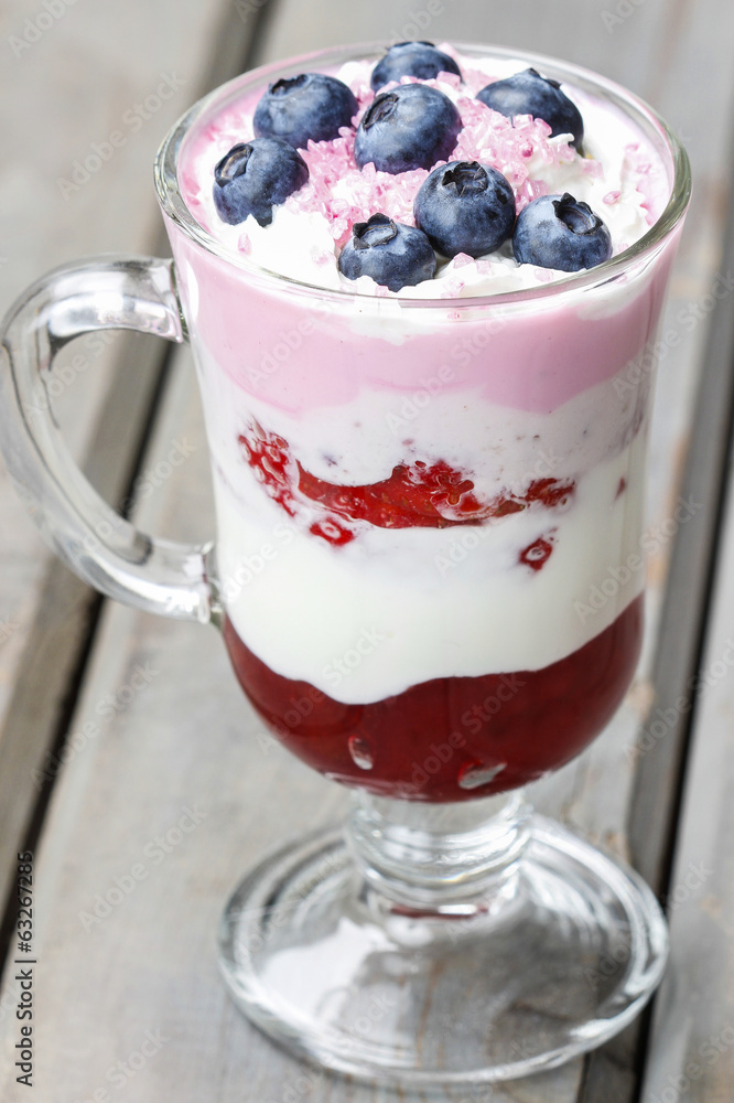 Yogurt dessert with summer fruits: strawberries, raspberries Yogurt dessert with summer fruits: strawberries, raspberries