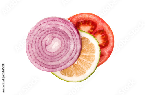 tomato lemon onion on a white background