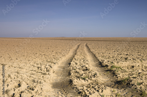 Traces de pneus de tracteur dans un champ