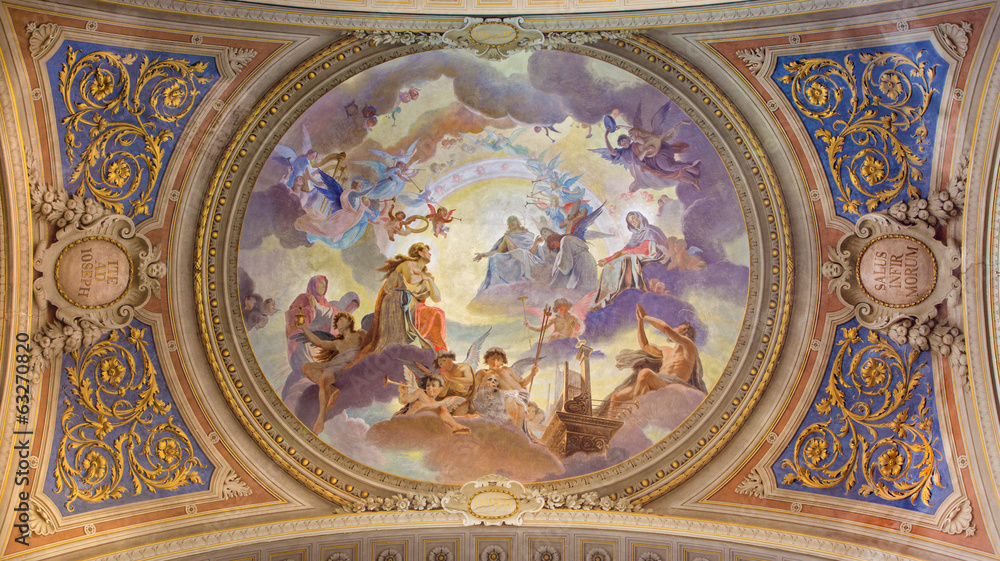 Bologna - Ceiling fresco in baroque church Saint Mary Magdalene
