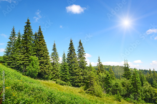 Fototapeta Naklejka Na Ścianę i Meble -  High mountains and sun on blue sky