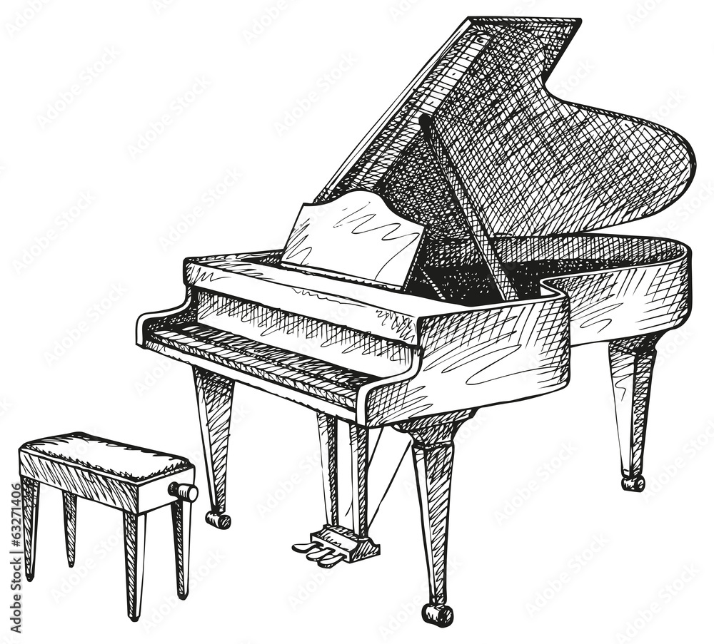 Obraz premium Vector drawing of open grand piano and stool for musician
