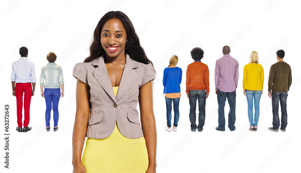 Obraz premium Back View of Multi-Ethnic People and a Cheerful Woman
