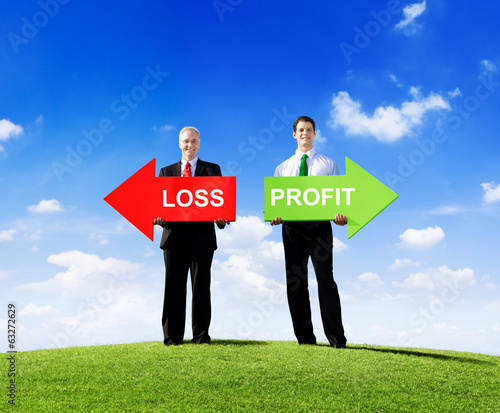 Two Businessmen Holding Contrasting Arrows for Loss and Profit