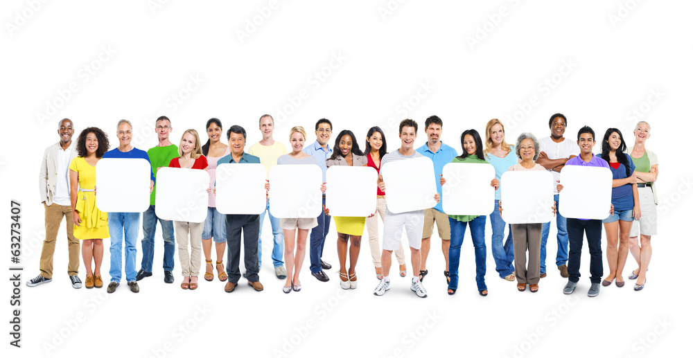 Multiethnic People Holding 9 Empty Placards Multiethnic People Holding 9 Empty Placards