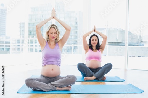 Fototapeta Naklejka Na Ścianę i Meble -  Happy pregnant women in yoga class meditating in lotus pose