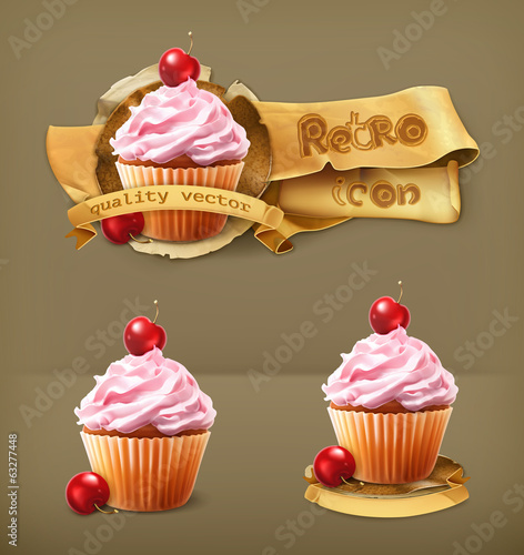 Cherry cupcake, retro vector icon