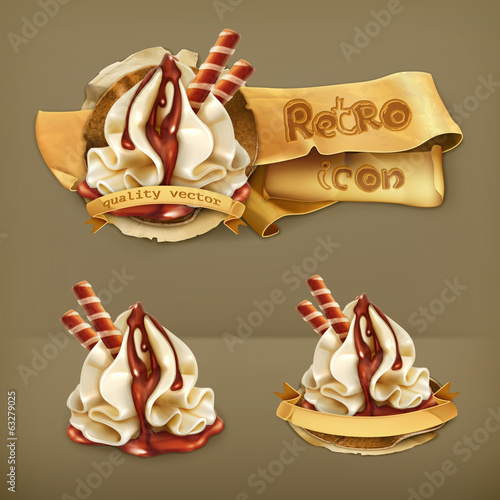 Sweet dessert with chocolate, retro vector icon