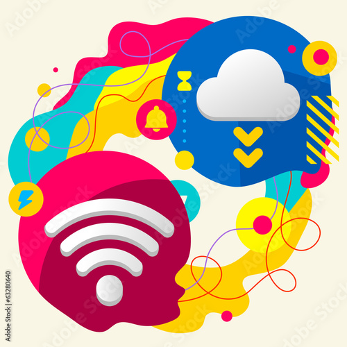Wi fi and cloud on abstract colorful splashes background with di