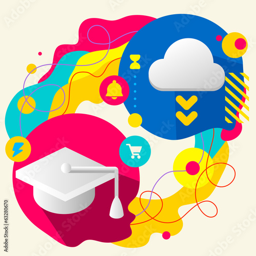 Academic hat and cloud on abstract colorful splashes background