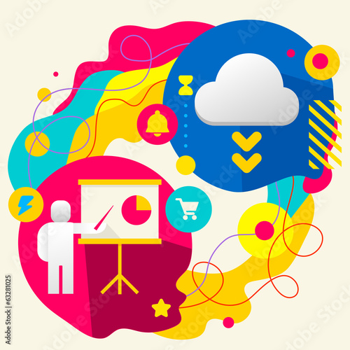 Human with a pointer and cloud on abstract colorful splashes bac