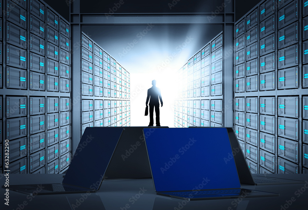 Fototapeta premium engeneer business man in 3d network server room as concept