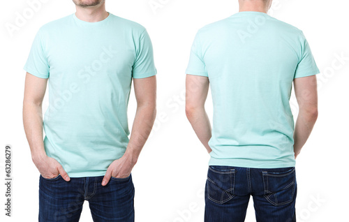 Turquoise t shirt on a young man template
