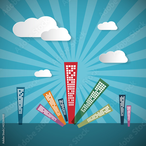 Abstract Retro Blue Background with Clouds and Houses