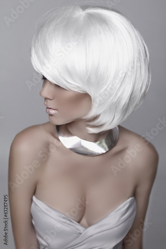 Beauty Fashion Woman Portrait. White Short Hair. Hairstyle. Beau