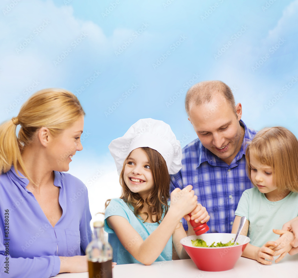 happy family with two kids eating at home happy family with two kids eating at home