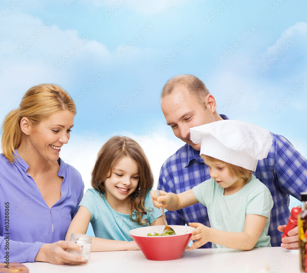 happy family with two kids eating at home happy family with two kids eating at home