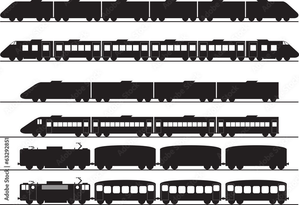 Set of electric and diesel trains illustrated on white