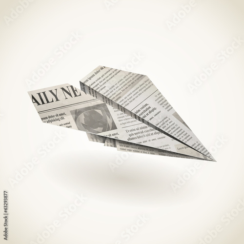 Paper airplane folded newspaper, vector icon