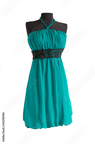aquamarine dress with black belt on a mannequin