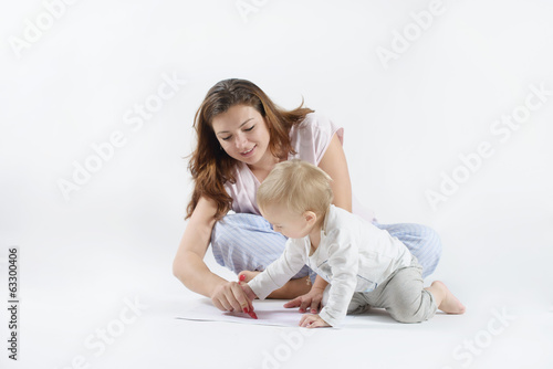 son and mother are drawn on the floor