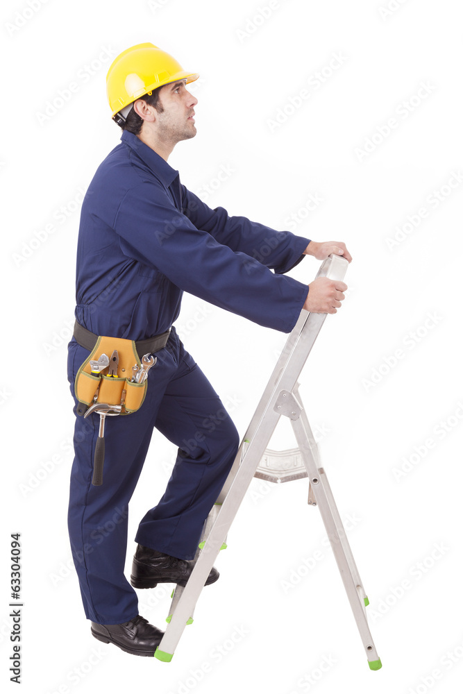 Worker climbing a ladder, isolated on white Worker climbing a ladder, isolated on white