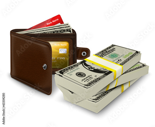 Leather wallet with credit card and bank roll