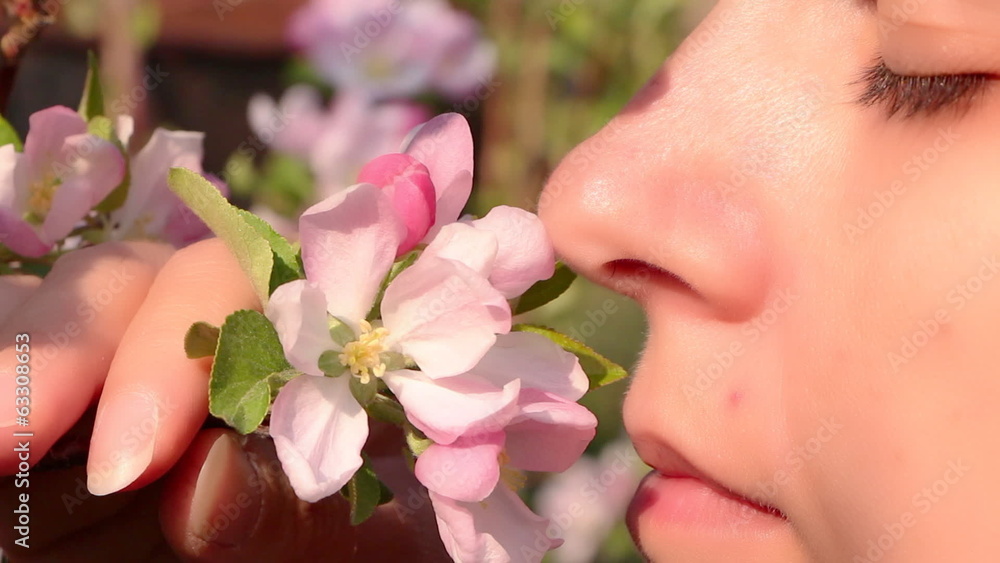Woman is smelling an apple blossom, closeup