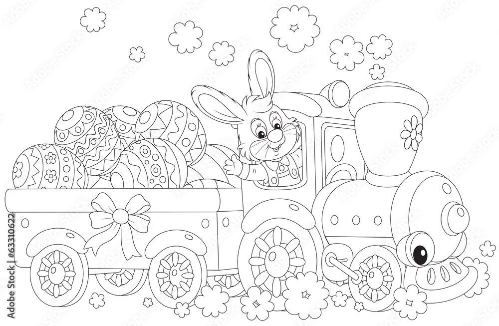 Obraz premium Bunny carries Ester eggs by train