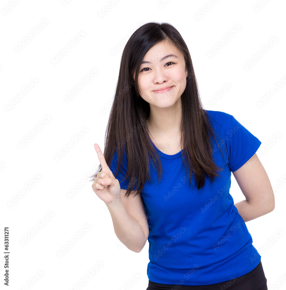 Asian woman finger pointing to show something Asian woman finger pointing to show something