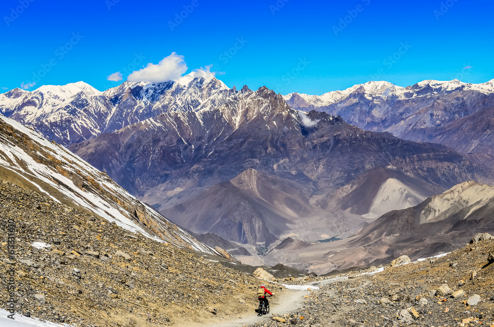 Fototapeta premium Mountain biker in Himalayas mountains