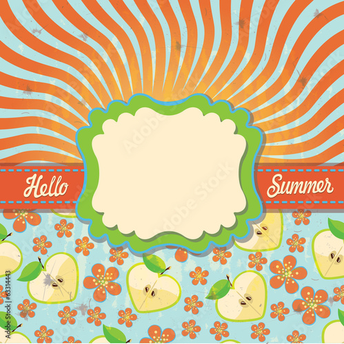 Design template Hello summer with imitation of the sun and apple